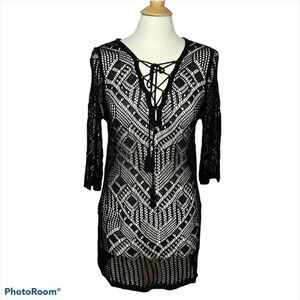 Black Crochet Knit Beach Cover Up Dress One Size